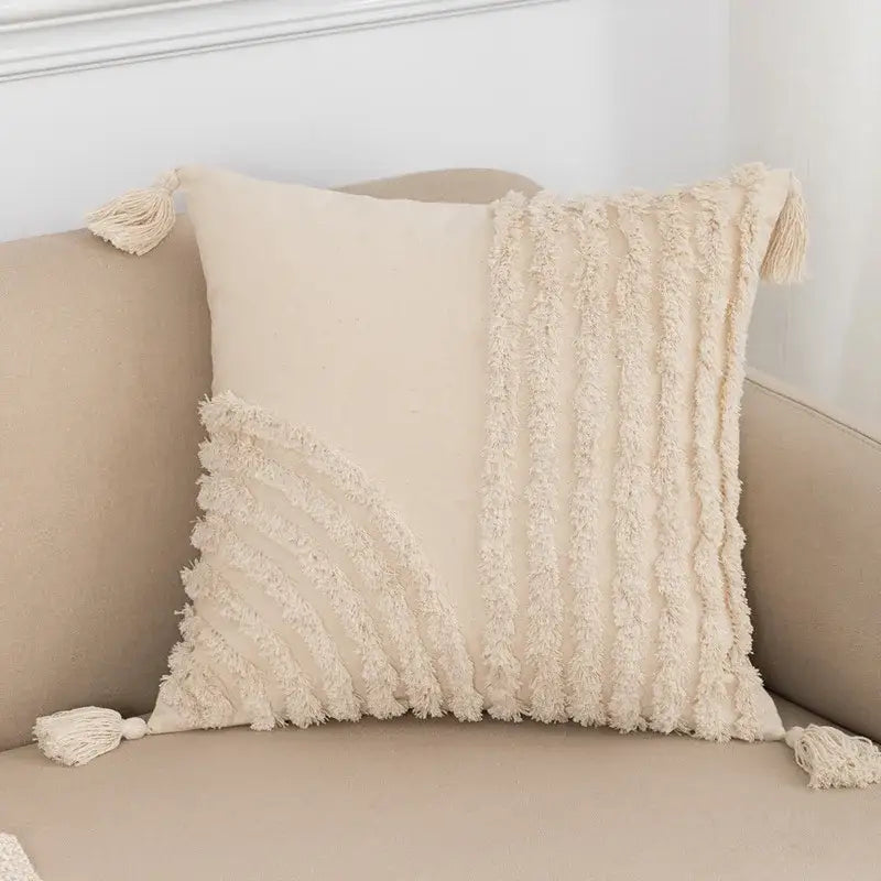 Boho tufted embroidered cushion cover grey & beige living room pillow