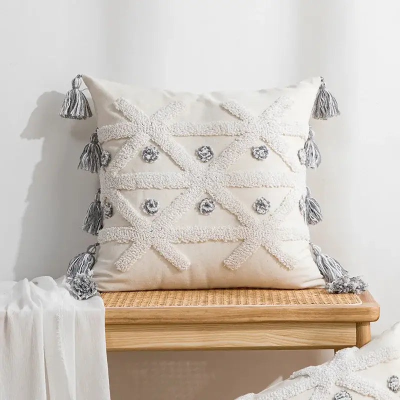 Boho tufted embroidered cushion cover grey & beige living room pillow