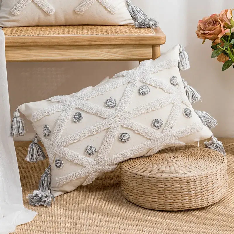 Boho tufted embroidered cushion cover grey & beige living room pillow