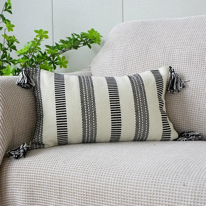 Boho tufted fringed black & white pillowcase living room decor