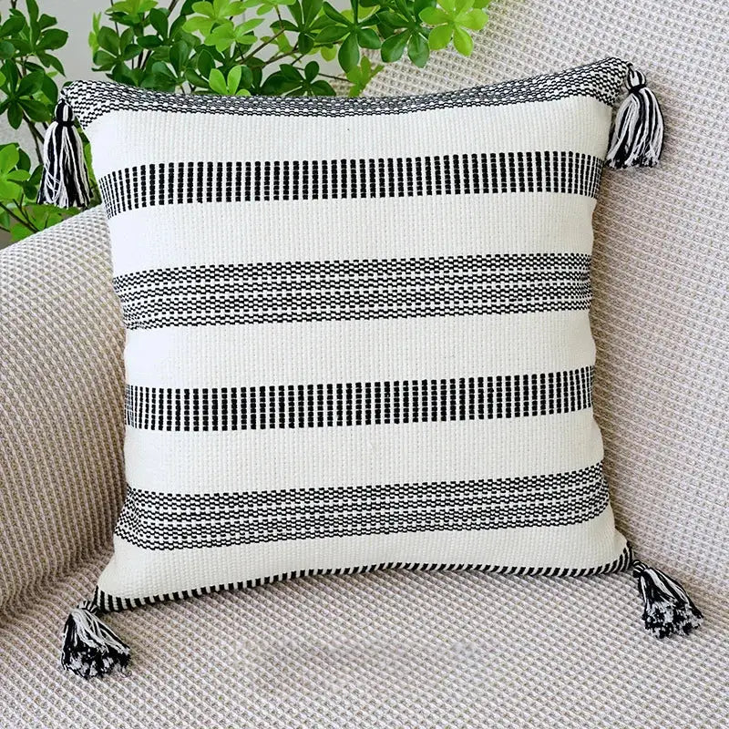 Boho tufted fringed black & white pillowcase living room decor