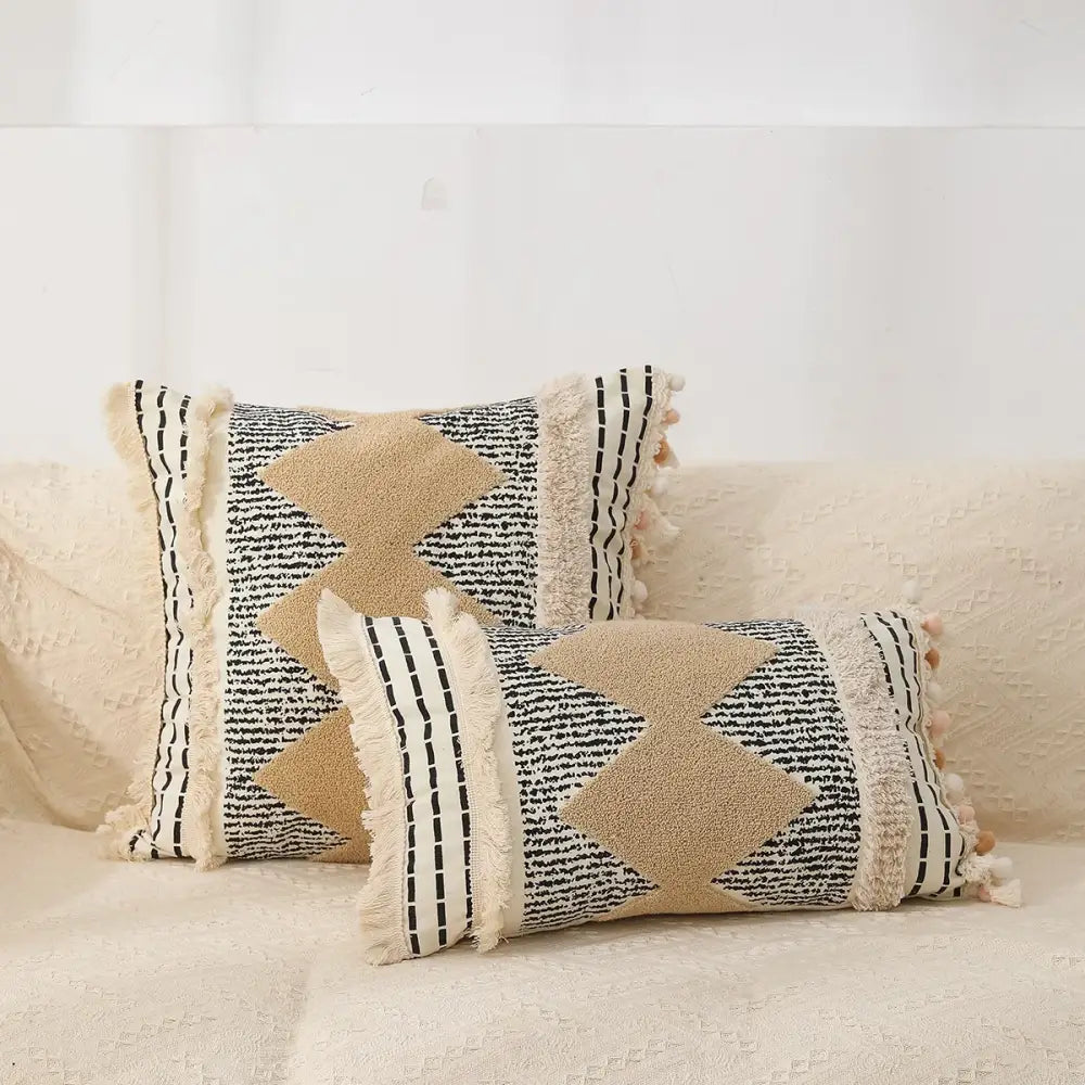 Boho tufted fringed black & white pillowcase living room decor