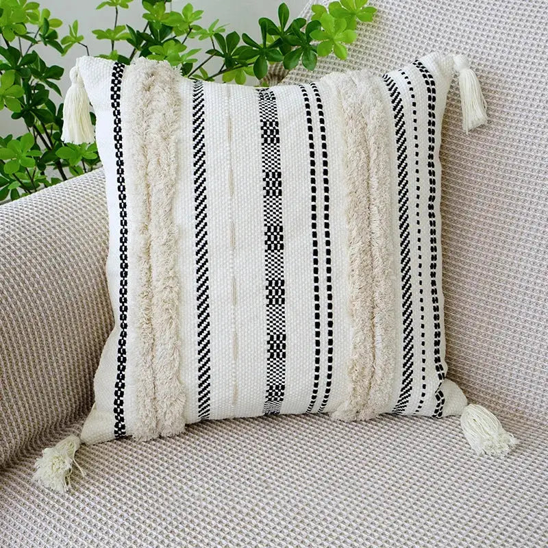 Boho tufted fringed black & white pillowcase living room decor