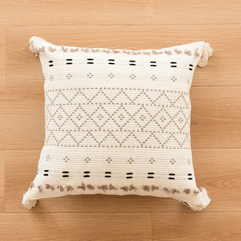 Boho tufted fringed black & white pillowcase living room decor