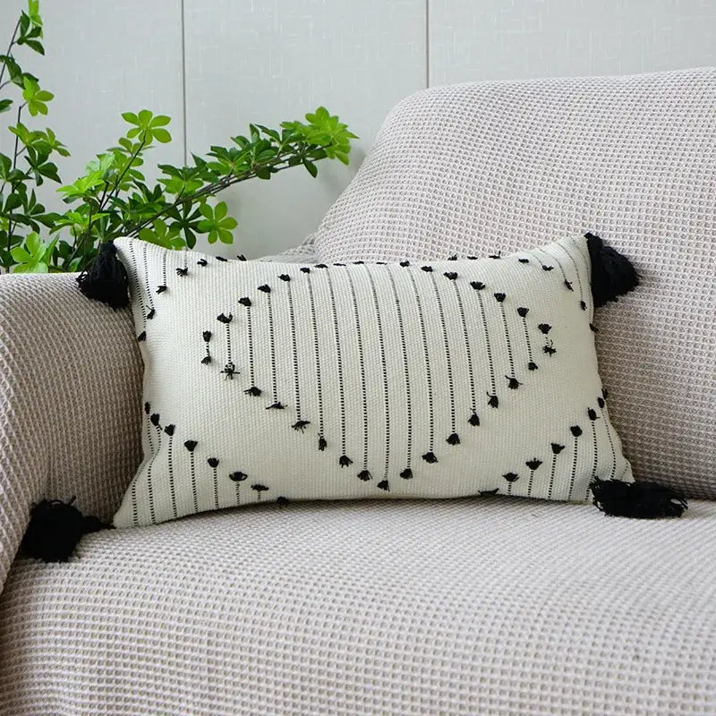 Boho tufted fringed black & white pillowcase living room decor
