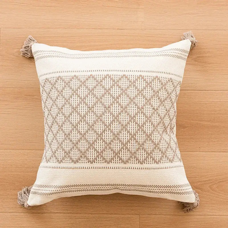 Boho tufted fringed black & white pillowcase living room decor