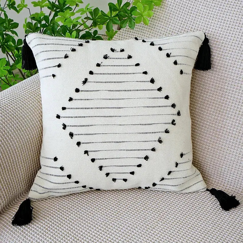 Boho tufted fringed black & white pillowcase living room decor