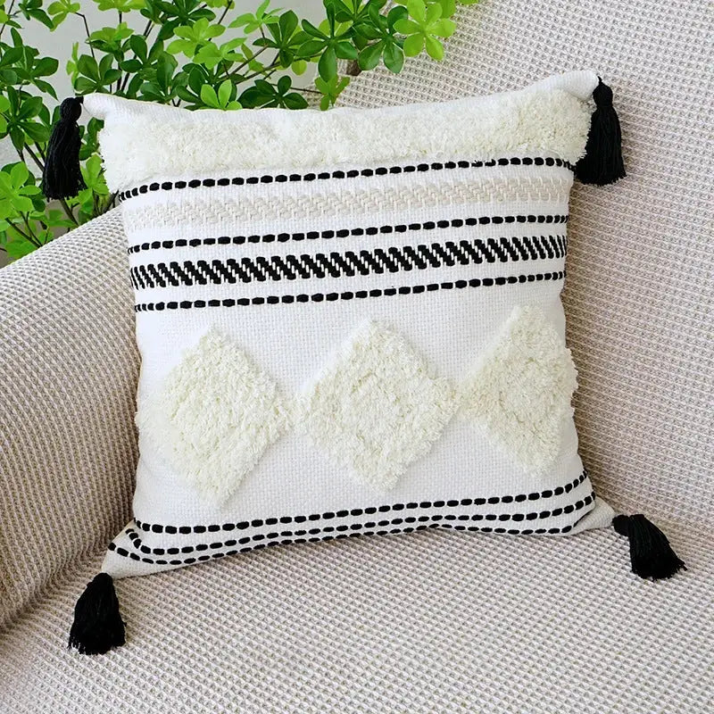 Boho tufted fringed black & white pillowcase living room decor