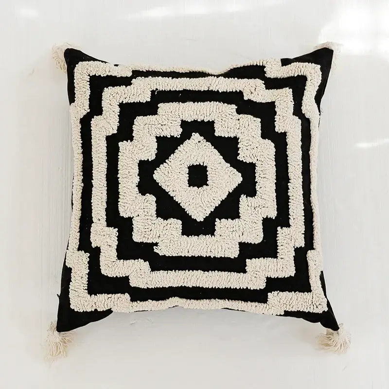 Boho tufted geometric black & white pillow cover living room tassels