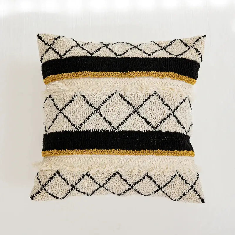 Boho tufted geometric black & white pillow cover living room tassels