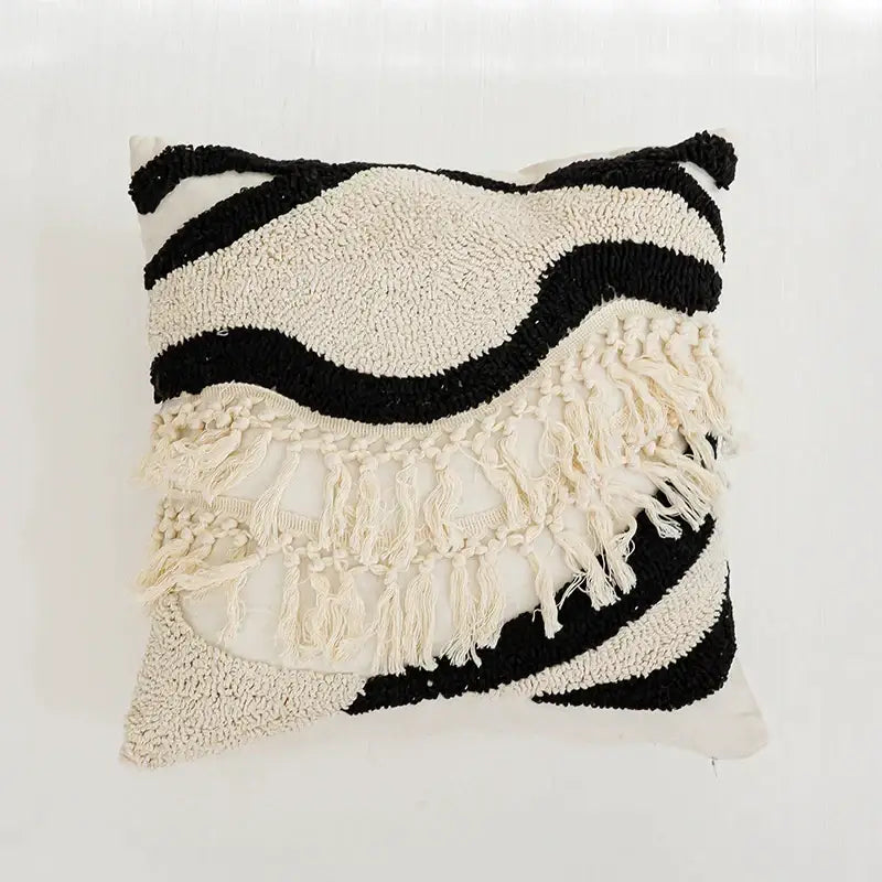 Boho tufted geometric black & white pillow cover living room tassels