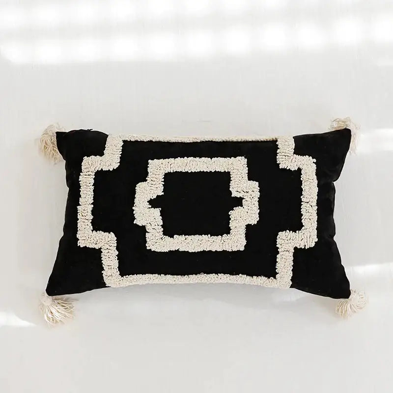 Boho tufted geometric black & white pillow cover living room tassels