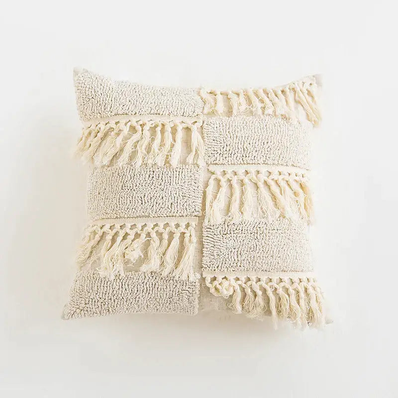 Boho tufted tassel cushion cover cream woven living room pillow