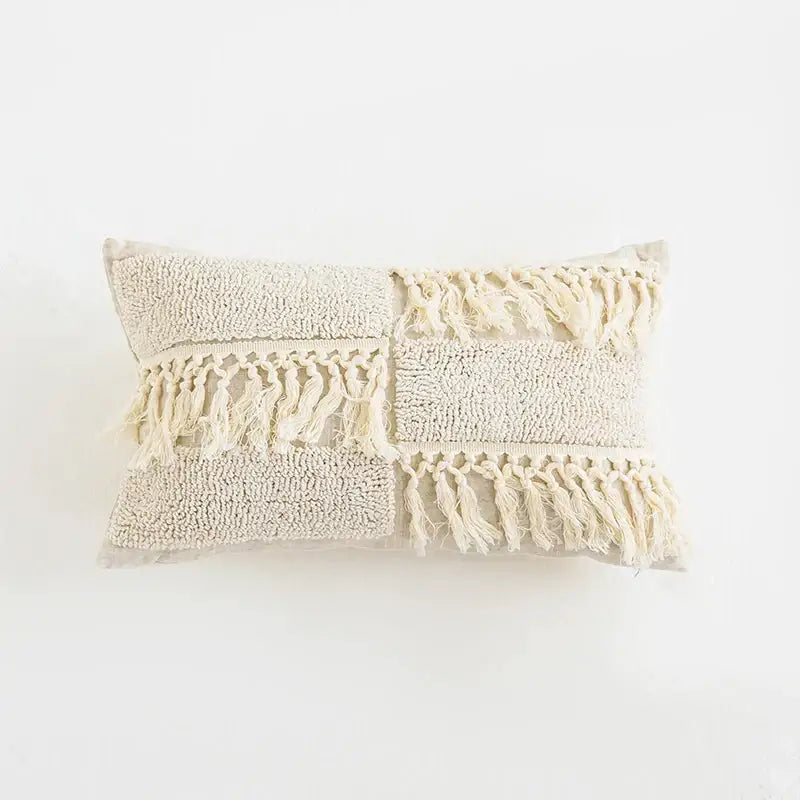 Boho tufted tassel cushion cover cream woven living room pillow