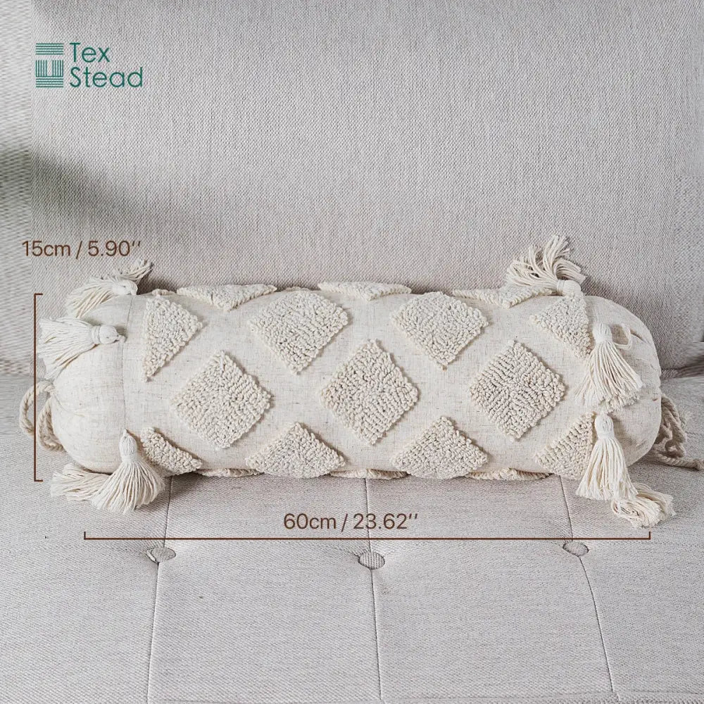 Boho tufted tassel lumbar pillow cream textured bedroom decor