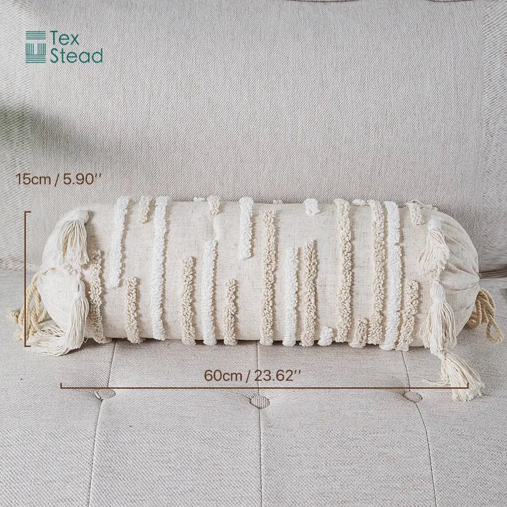 Boho tufted tassel lumbar pillow cream textured bedroom decor