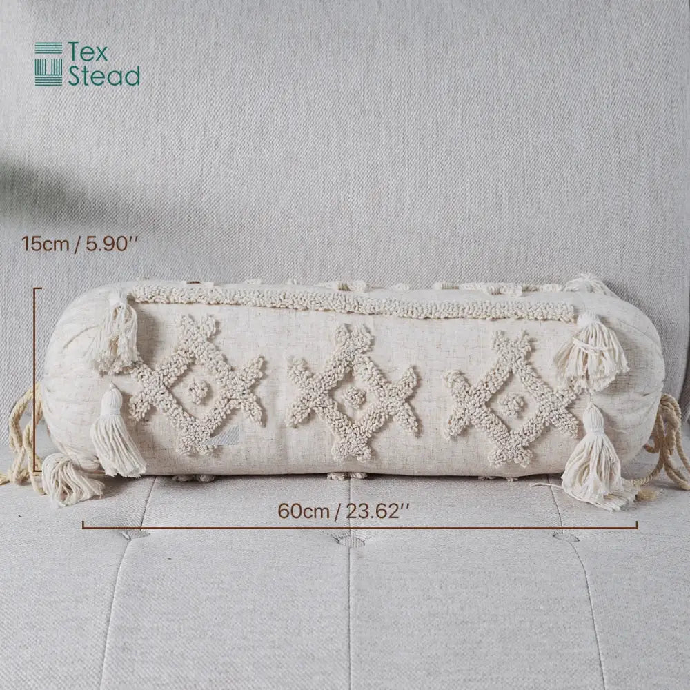 Boho tufted tassel lumbar pillow cream textured bedroom decor
