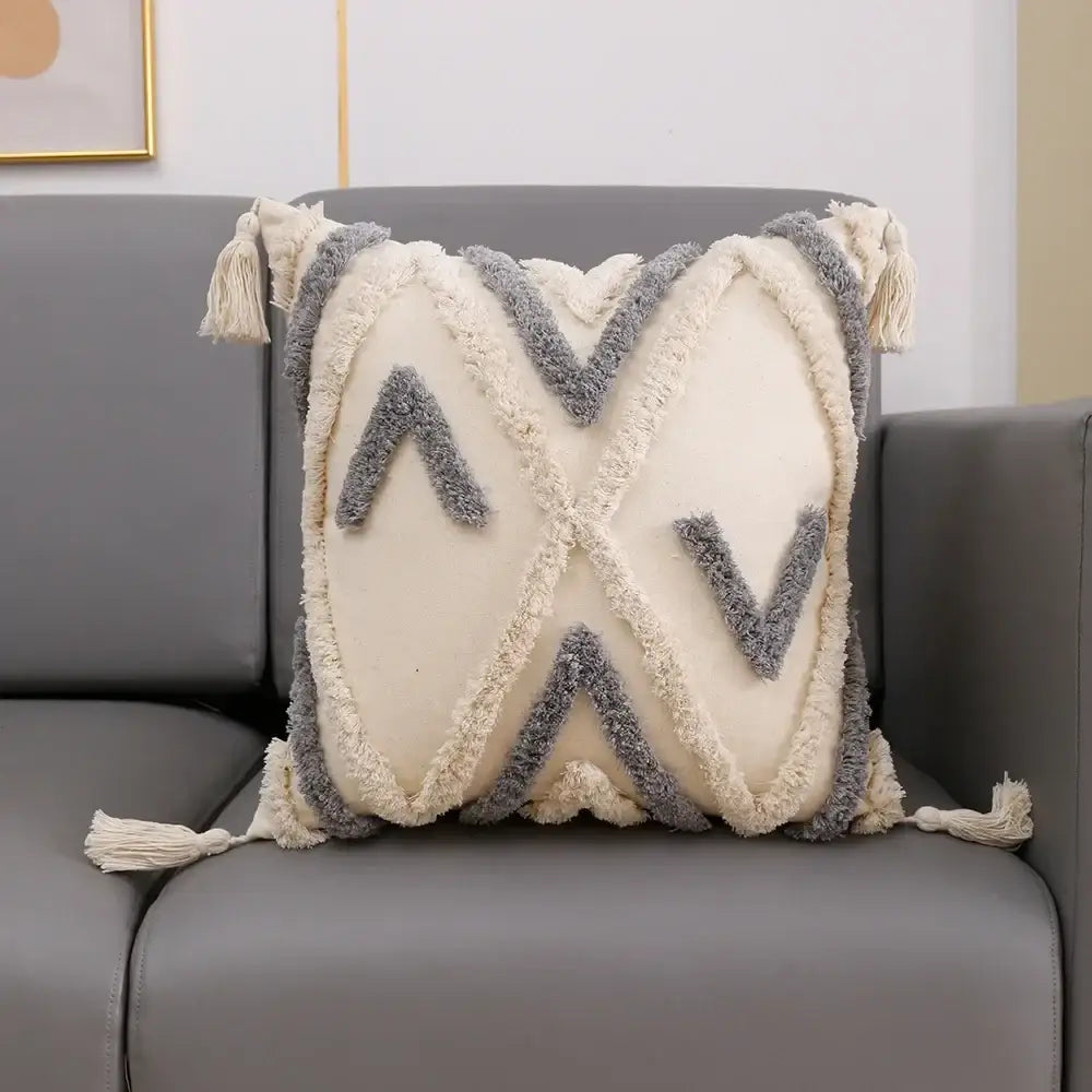Boho white & gray tufted cushion cover living room throw pillow