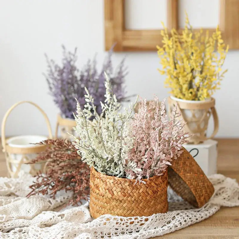 Boho wicker basket with pink & white decorbites forever dancing grass