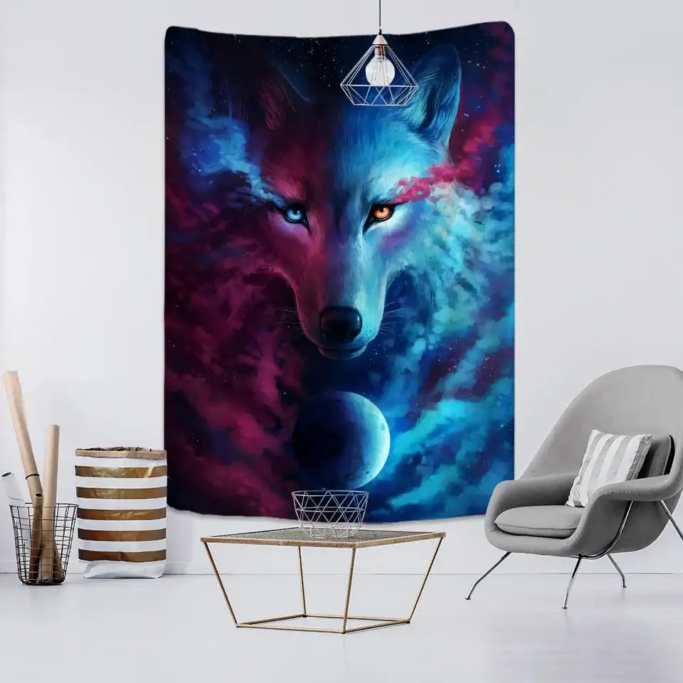 Boho wildlife tapestry wall hanging white & blue lions bedroom decor