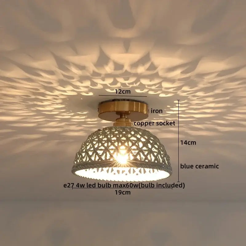 Boho woven rattan wood led ceiling light for bedroom decor