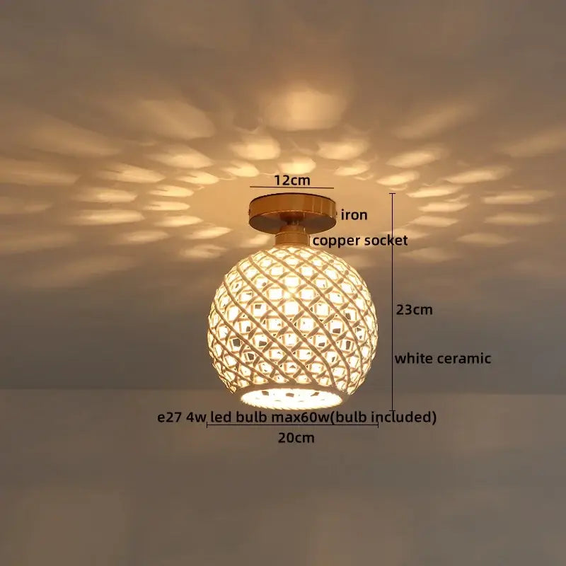 Boho woven rattan wood led ceiling light for bedroom decor