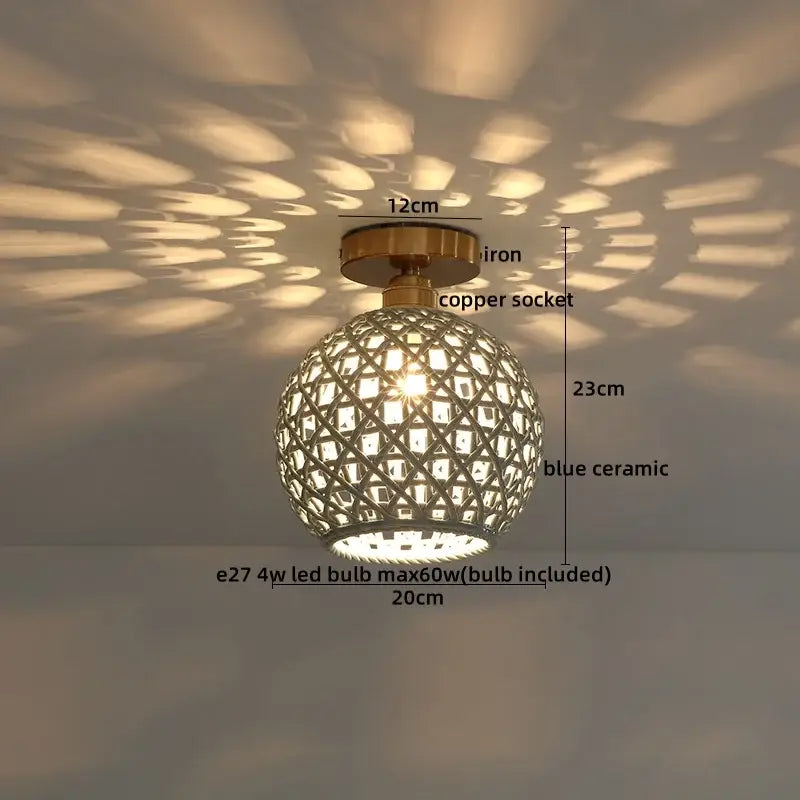 Boho woven rattan wood led ceiling light for bedroom decor