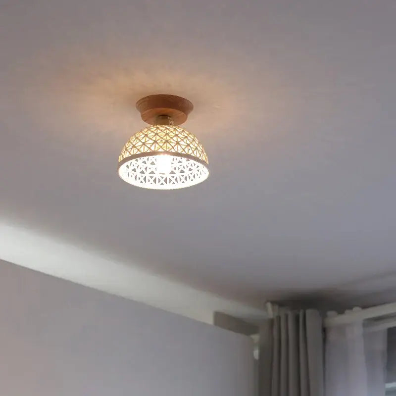 Boho woven rattan wood led ceiling light for bedroom decor