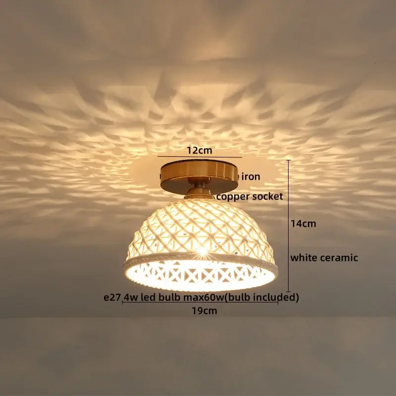 Boho woven rattan wood led ceiling light for bedroom decor