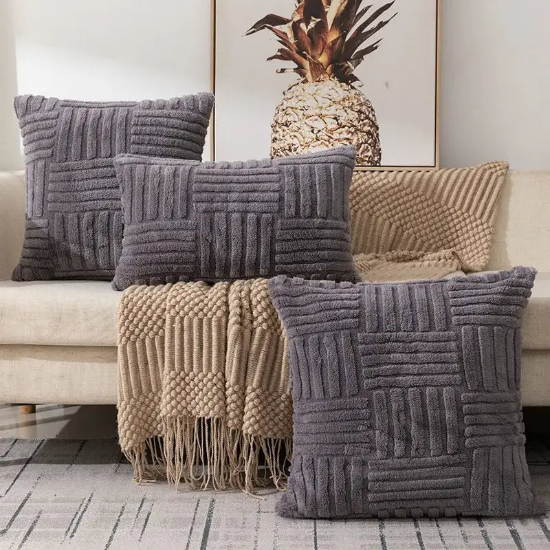 Boho yellow textured plush throw pillow covers living room decor