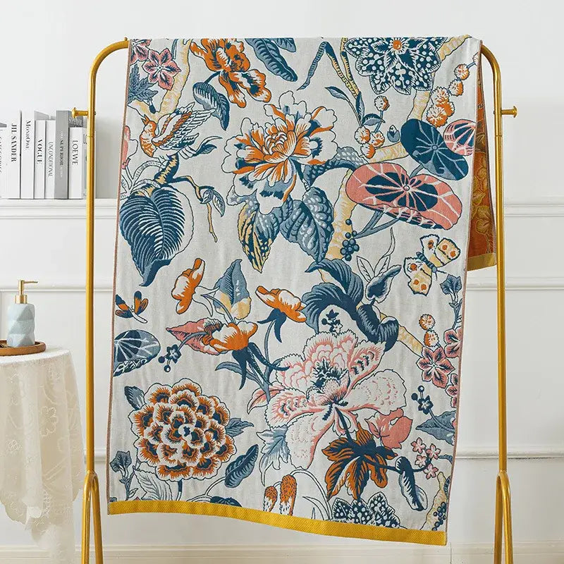 Botanical blue and orange cotton gauze bath towel bathroom throw