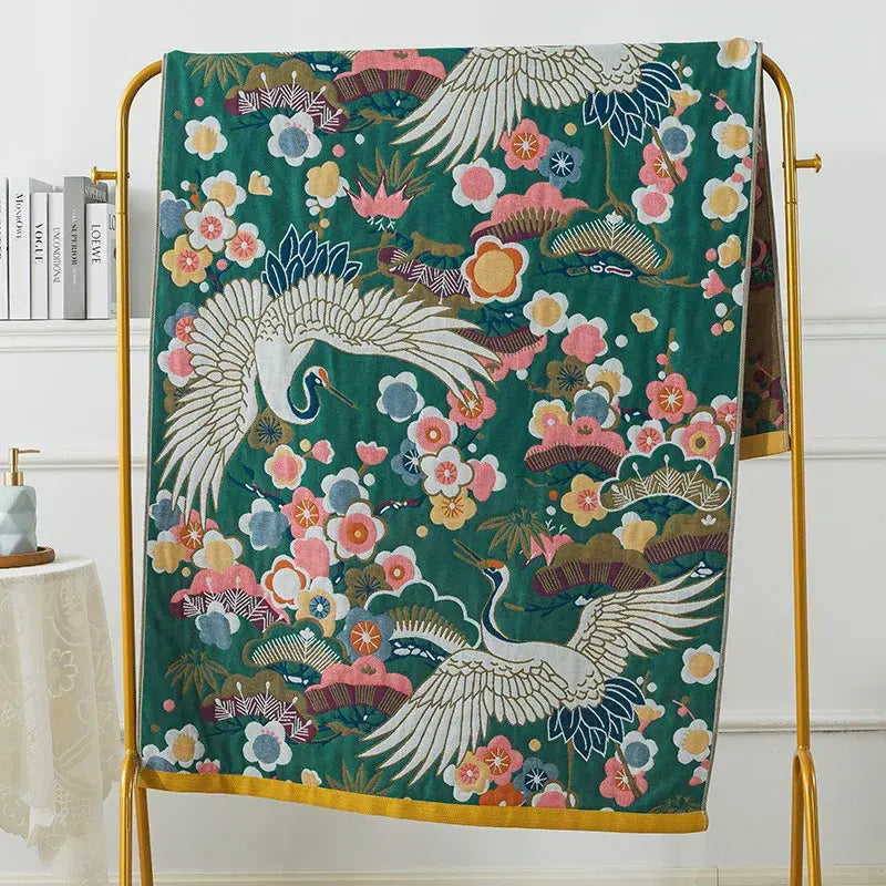 Botanical blue and orange cotton gauze bath towel bathroom throw