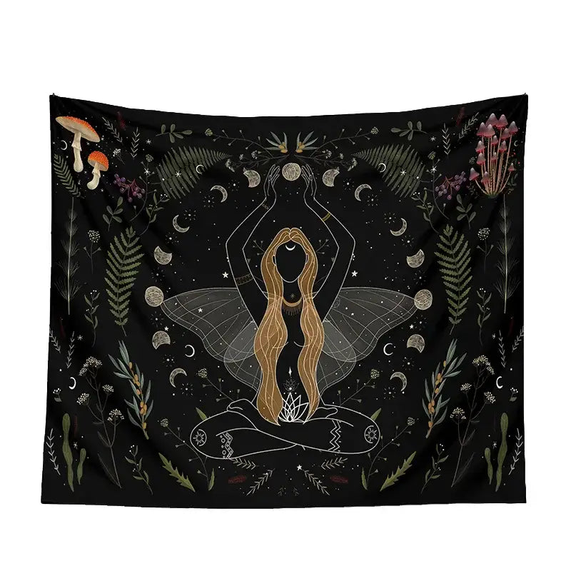 Botanical witchy tapestry black and cream mushroom bedroom wall decor