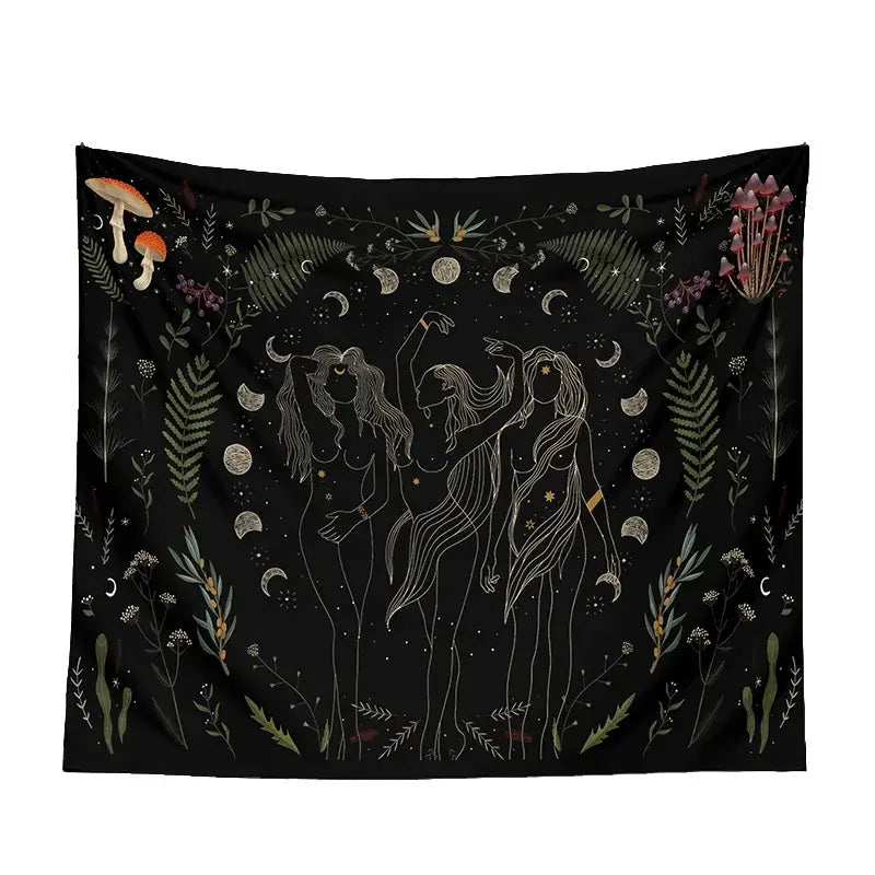 Botanical witchy tapestry black and cream mushroom bedroom wall decor