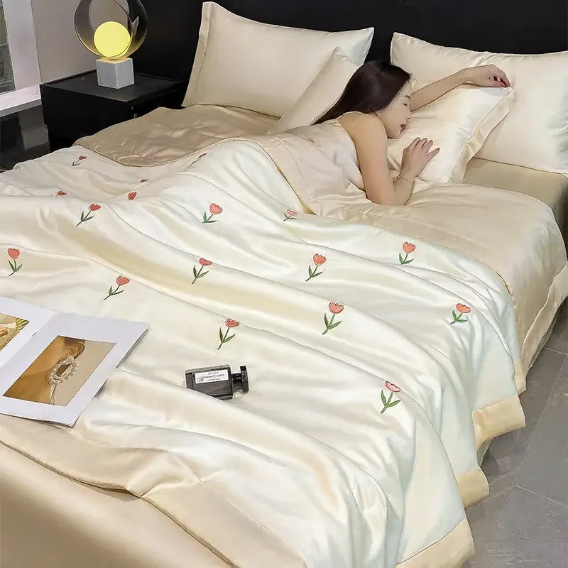 Bowknot embroidered summer bedding set cream & pink bedroom quilt