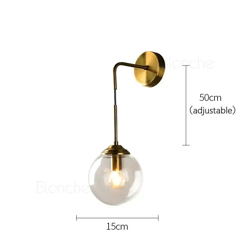 Brass amber glass ball wall light for bedroom and living room