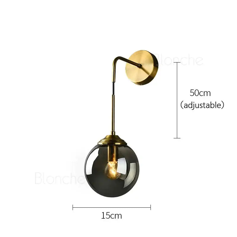 Brass amber glass ball wall light for bedroom and living room