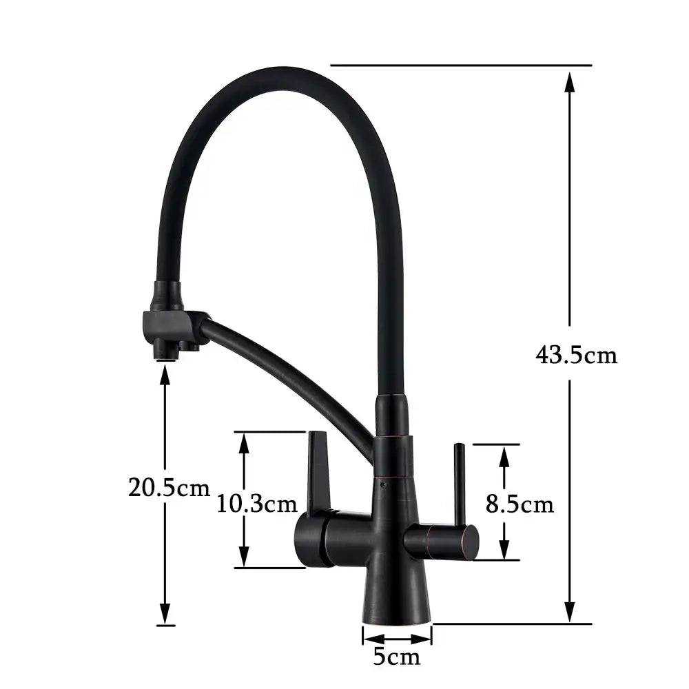 Brass and black dual spout kitchen faucet with dual handles