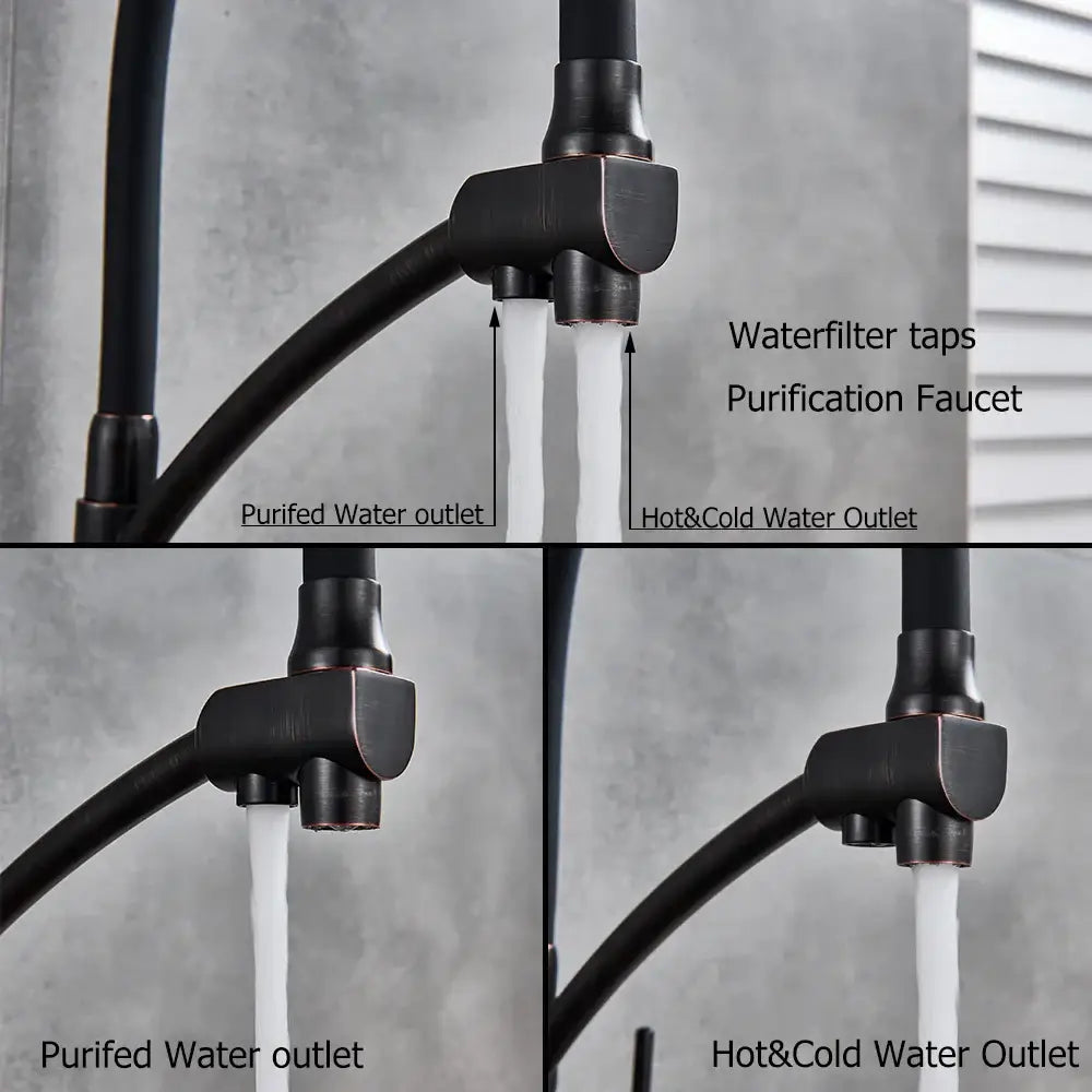 Brass and black dual spout kitchen faucet with dual handles