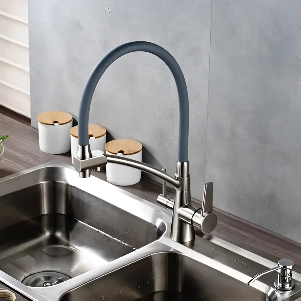 Brass and black dual spout kitchen faucet with dual handles