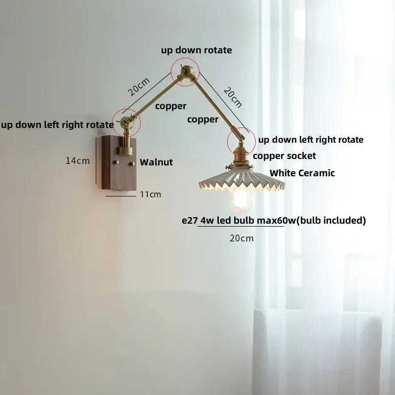 Brass and ribbed glass ceramic led wall light – bedroom sconce