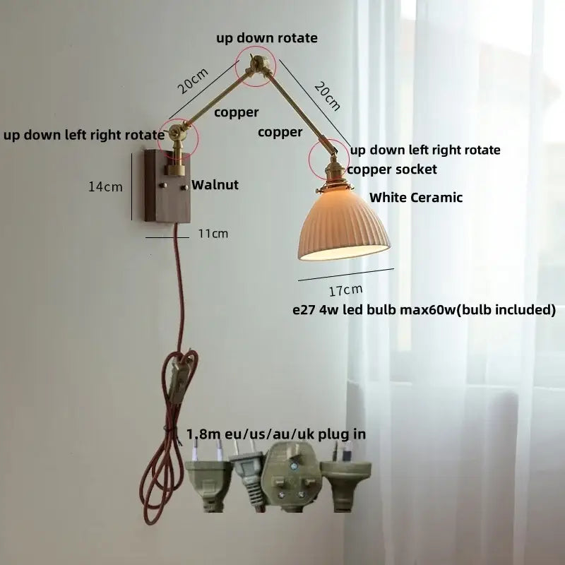 Brass and ribbed glass ceramic led wall light – bedroom sconce