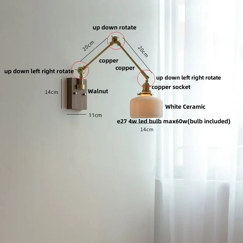 Brass and ribbed glass ceramic led wall light – bedroom sconce