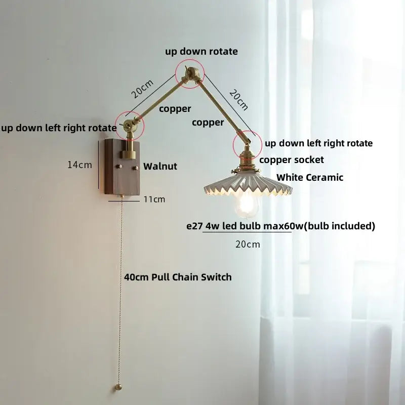 Brass and ribbed glass ceramic led wall light – bedroom sconce
