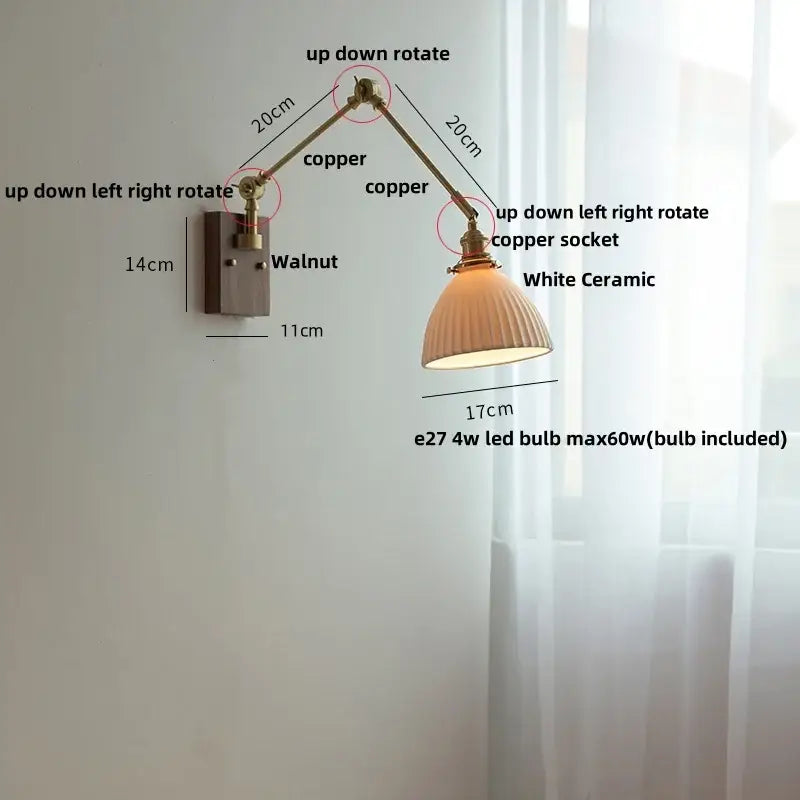 Brass and ribbed glass ceramic led wall light – bedroom sconce