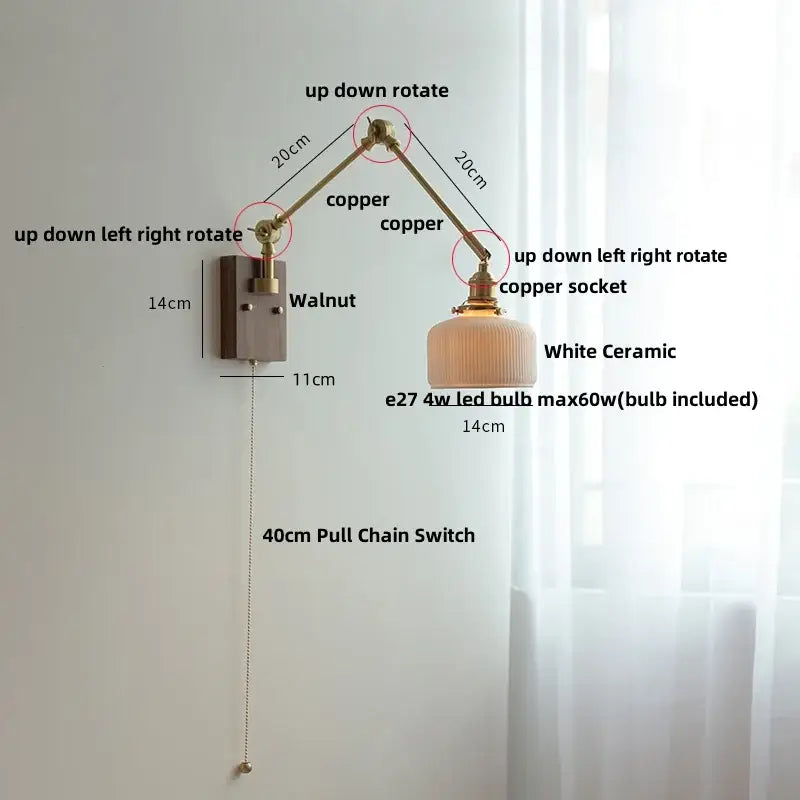 Brass and ribbed glass ceramic led wall light – bedroom sconce