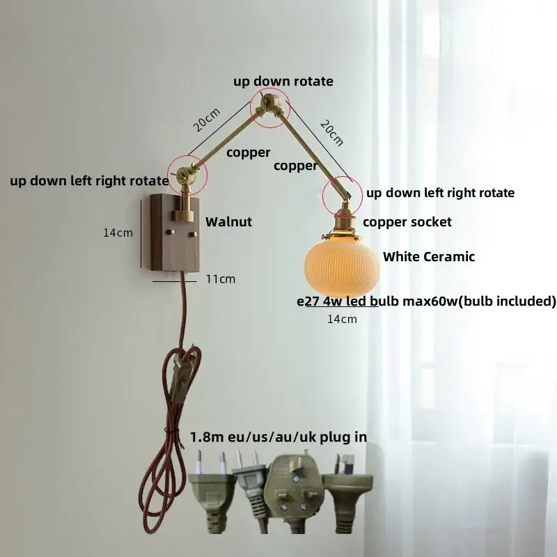 Brass and ribbed glass ceramic led wall light – bedroom sconce