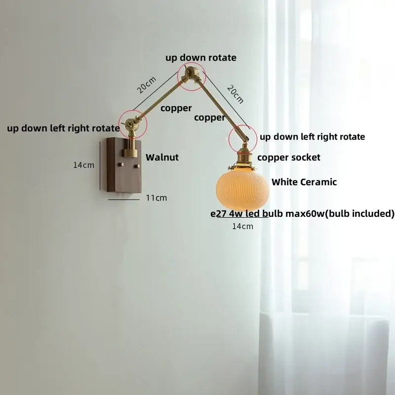 Brass and ribbed glass ceramic led wall light – bedroom sconce