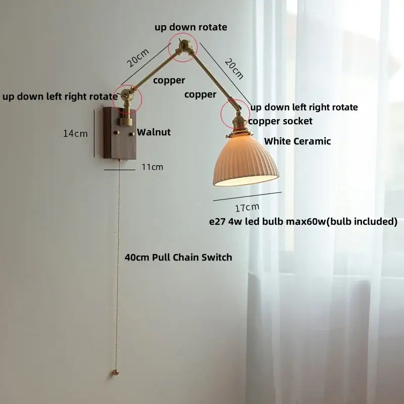 Brass and ribbed glass ceramic led wall light – bedroom sconce