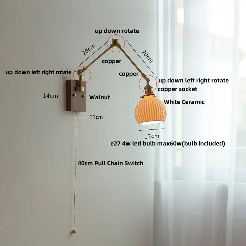 Brass and ribbed glass ceramic led wall light – bedroom sconce